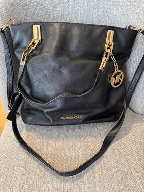 Michael Kors Black Leather Shoulder Tote with Gold Accents